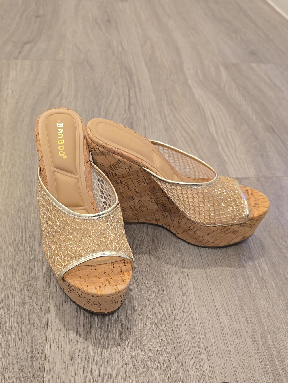 BAMBOO Gold Metallic Mesh Cork Platform Wedges